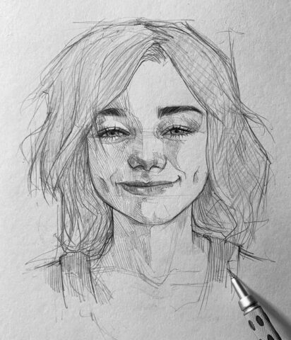 desenho artístico realista do de uma garota sorrind