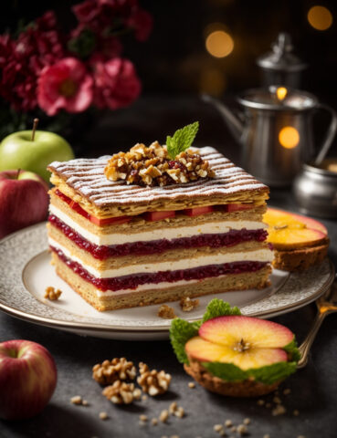 Fotografia de um bolo de frutas frescas com chantilly cremoso.