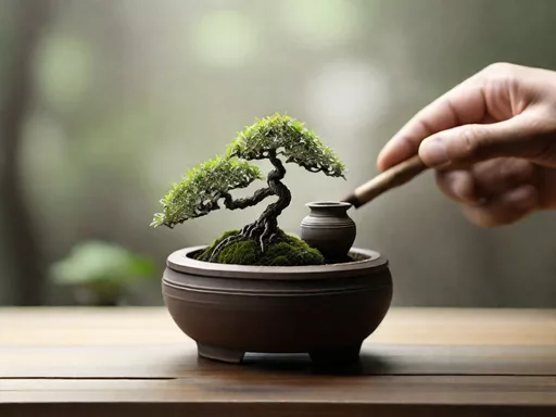 Mãos Regando Cuidadosamente um Bonsai em um Vaso Pequeno.