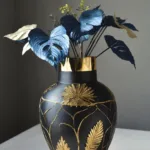 Firefly-Crie-um-vaso-na-cor-preto-e-dourado-com-plantas-ornamentais-hyper-realistas-na-cor-azul-com